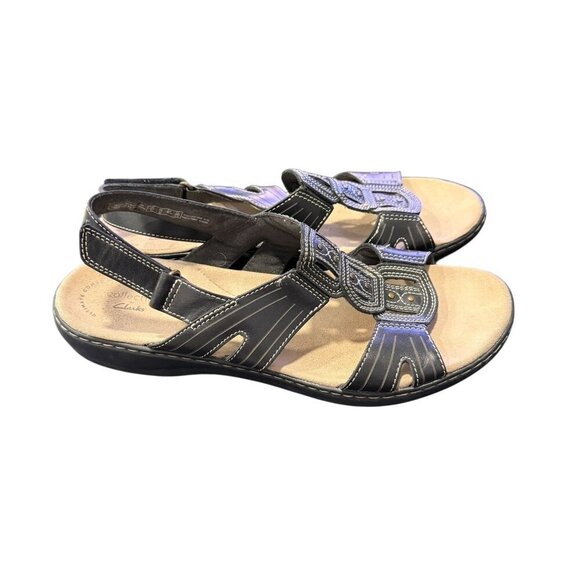 Clarks Collection Open-Toe Black Sandals Adjustable Straps & Stitch Detai; sz 11 - Picture 2 of 8